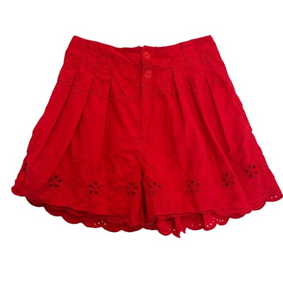 Free People Pants - Free People How Sweet Shorts Red High Rise Pleated Eyelet Boho Festival MEDIUM